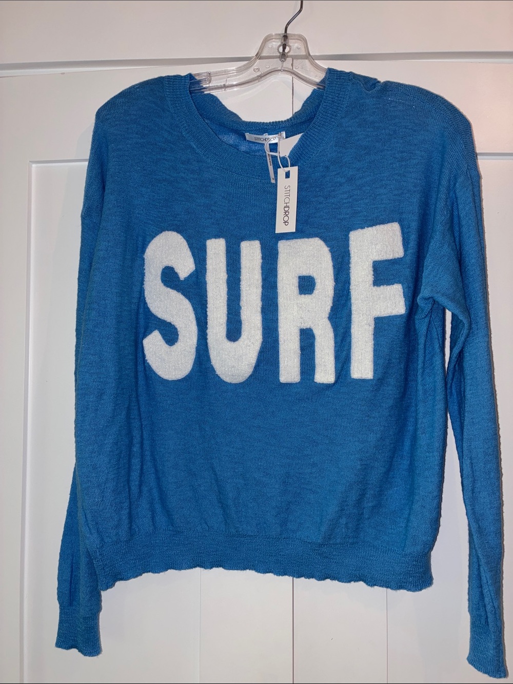(NWT) STITCHDROP size S SURF crewneck knit sweater in tranquil blue (new!)